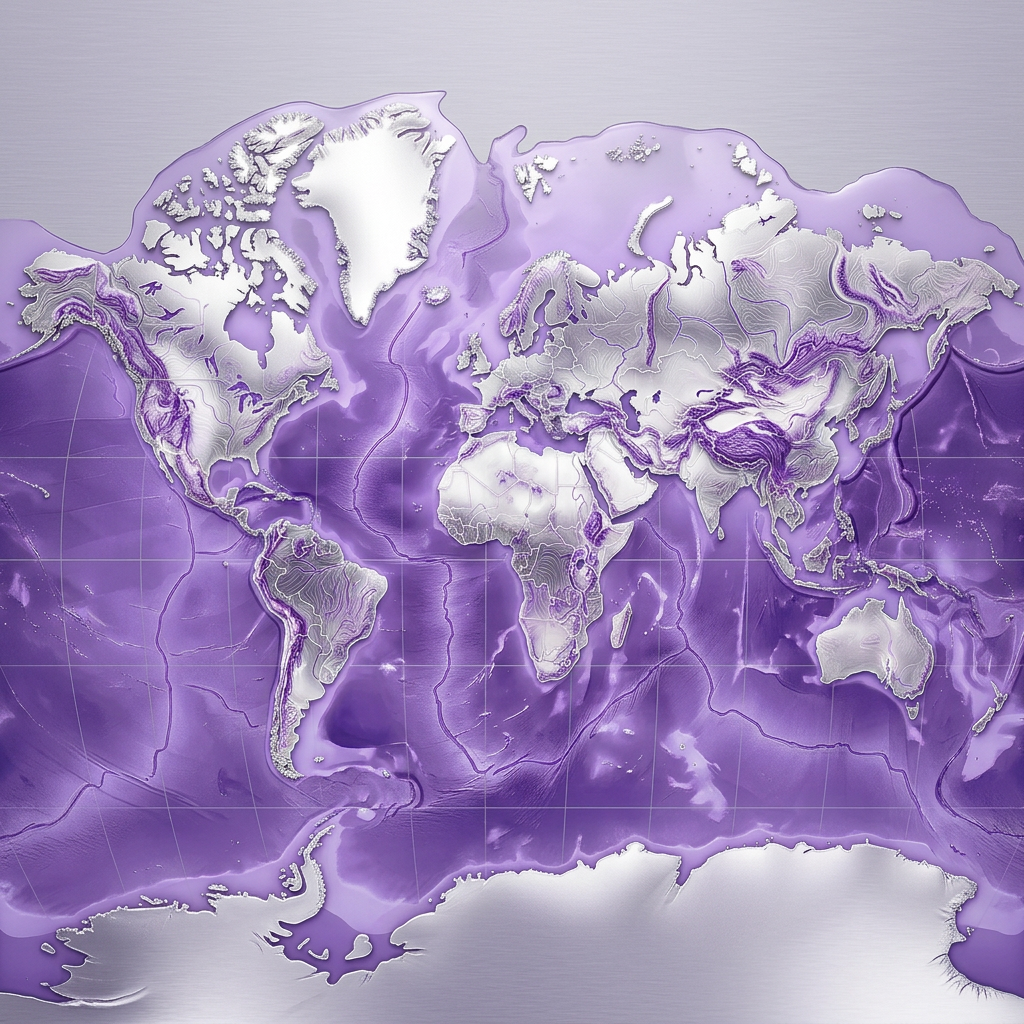 World map with terrain contours and elevation shading in purple and white