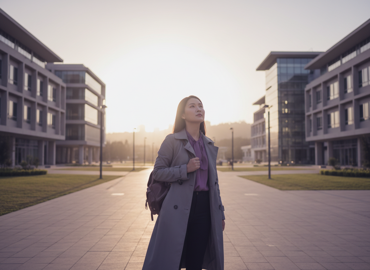 Cinematic wide shot of a confident international student standing on a modern university campus walkway at golden hour, looking toward the horizon, sophisticated purple and grey color grading, soft light, aspirational elegant editorial travel photography